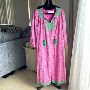 J. Crew Belted Tunic Dress in Pink Vines Block Print green embroidery